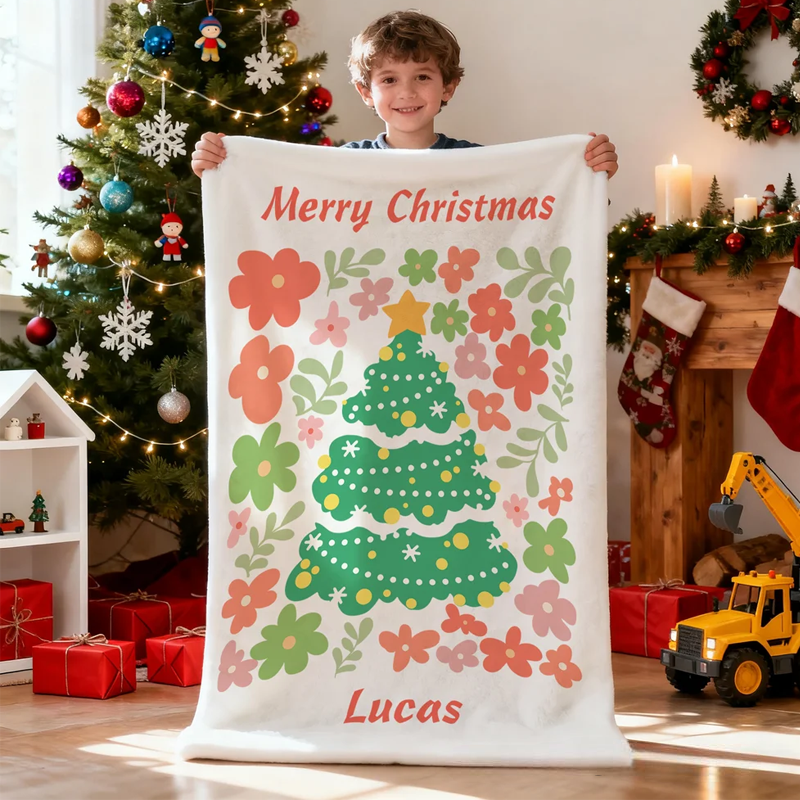 Personalized Christmas Tree Colorful Floral Soft Throw Blanket with Name and Text Home Decor Christmas Gift for Family Friends