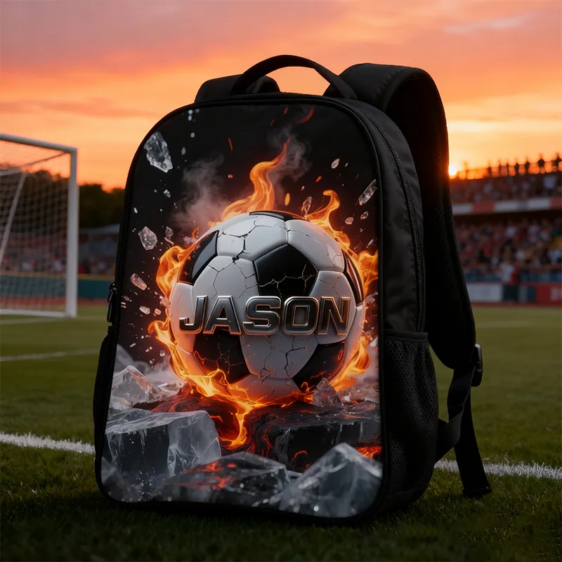 Personalized Soccer Backpack with Fiery Design and Custom Name for Kids and Soccer Lovers Black to School Gift 