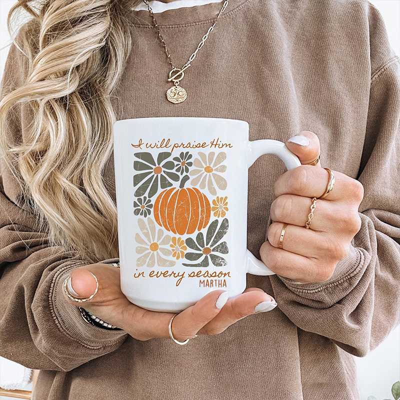 Personalized Boho Fall Mug Pumpkin Psalm Bible Verse Ceramic Mug with Name Floral Thanksgiving Coffee Cup Fall Host Gift Christian Thanksgiving Gift