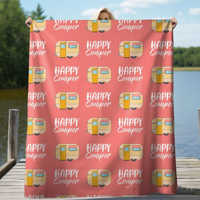 Personalized Happy Camper Lover Blanket Camping Blanket for Girls Rv Accessories for Inside Birthday Gifts for Campers Camp Bedding