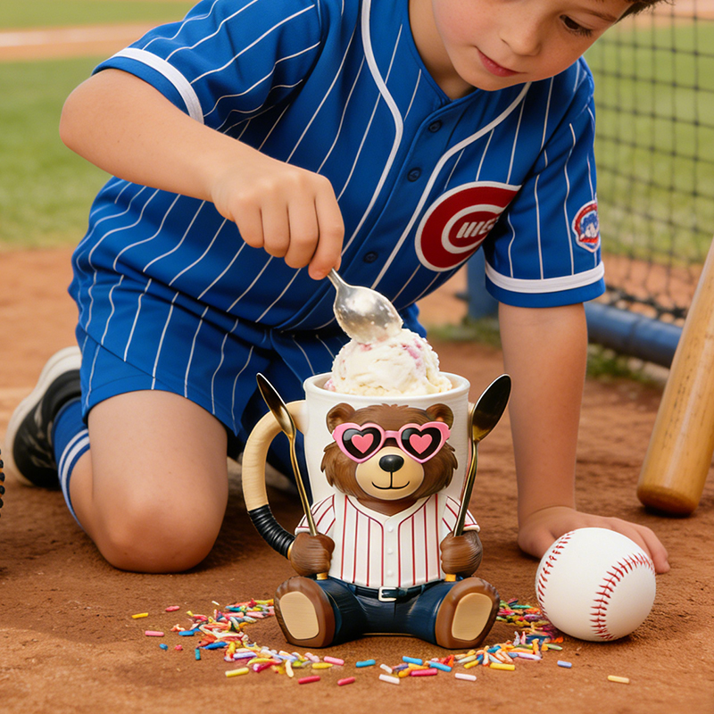 Personalized Baseball Mascot Bear Ice Cream Pint Holder with Adorable Heart Sunglasses 3D Printed with Spoon Slots & Snack Drawer for Baseball and Ice Cream Enthusiasts
