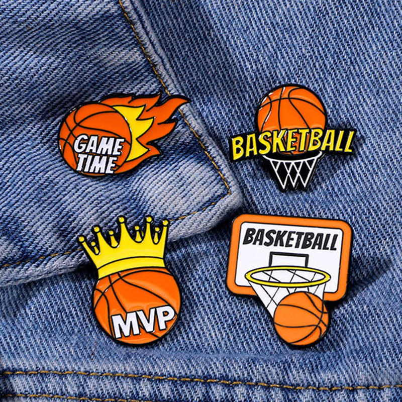 Personalized Basketball Themed Pins Featuring Basketball Hoops and Crowns