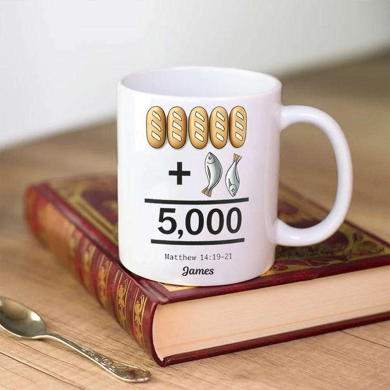 Personalized Five Loaves of Bread and Two Fish Ceramic Mug with Name Jesus Encouragement Coffee Mug Religious Christian Gift