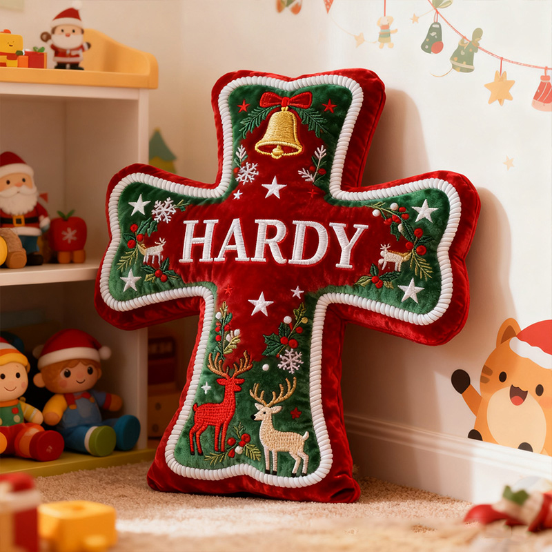 Personalized Christmas Cross Pillow with Custom Name Haliday Home Decor Gold Bell Snowflake Star Reindeer Graphic 3D Print Christian Gift for Xmas
