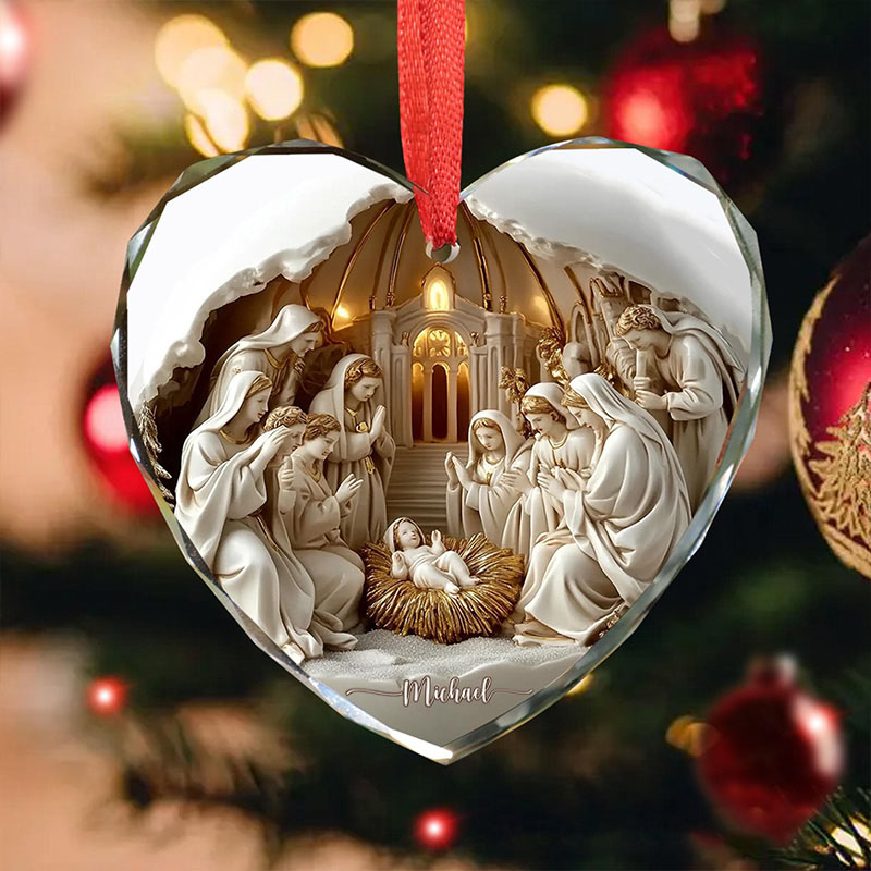 Personalized Nativitys Scene Christmas Round Heart Shaped Glass Ornament with Custom Name Regilious Christmas Tree Decor Christian for Christmas Gift