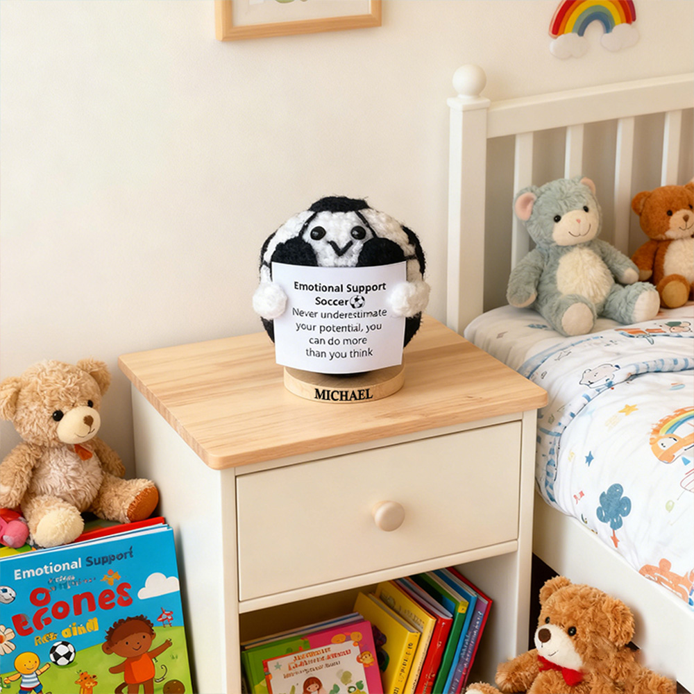 Personalized Crochet Soccer Ball Plush with Custom Name and Encouraging Quote Cheer Up Gift For Soccer Ball Team Player