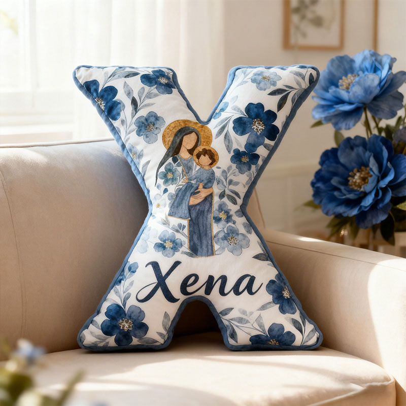 Personalized the Virgin Mary and Baby Jesus Letter Pillow with Custom Name Religious Home Decor Christian Gift Blue Floral Graphic 3D Print Pillow