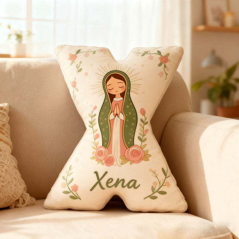 Personalized Cute Our Lady of Guadalupe Letter Pillow with Custom Name Kids Room Decor Catholic Gift for Women Baptism Gift Graphic 3D Print Pillow