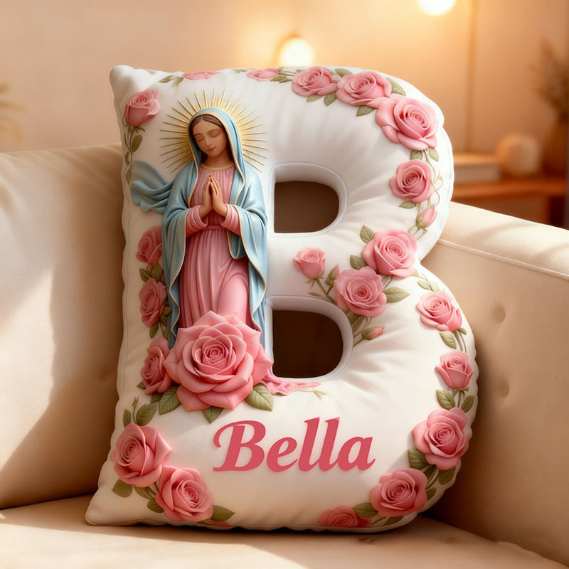Personalized Virgin of Guadalupe Letter Pillow with Custom Name Religious Home Decor Catholic Prayer Gift for Her Pink Rose Graphic 3D Print Pillow