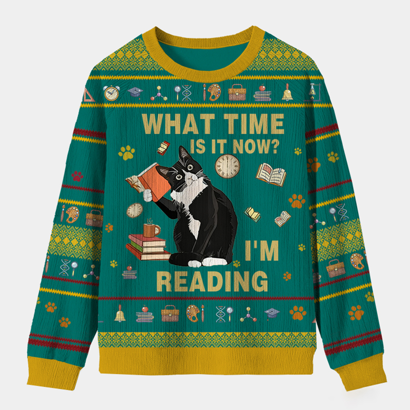 Personalized Book Loving Cat Reading Time Ugly Sweater Holiday Gift for Book Lovers