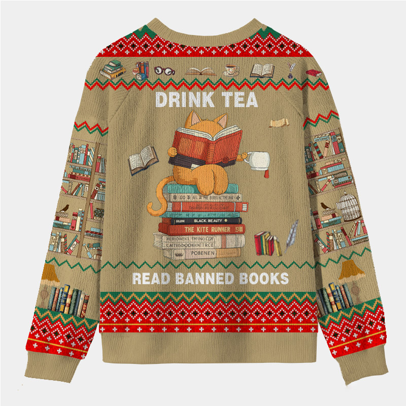 Personalized Rebel Reader Tea Time Ugly Sweater Holiday Gift for Book Lovers
