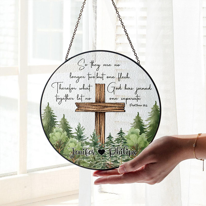 Personalized Christian Wedding Stained Glass Suncatcher Ornament with Custom Name Cross Window Hanging Decor Religious Gift for Couple Wedding Gift