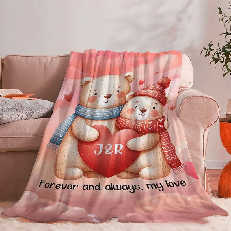 Personalized God Knew My Heart Needed You Cartoon Couple Bear in Love Soft Throw Blanket with Intial & Text Home Decor Valentine's Day Gift for Couple