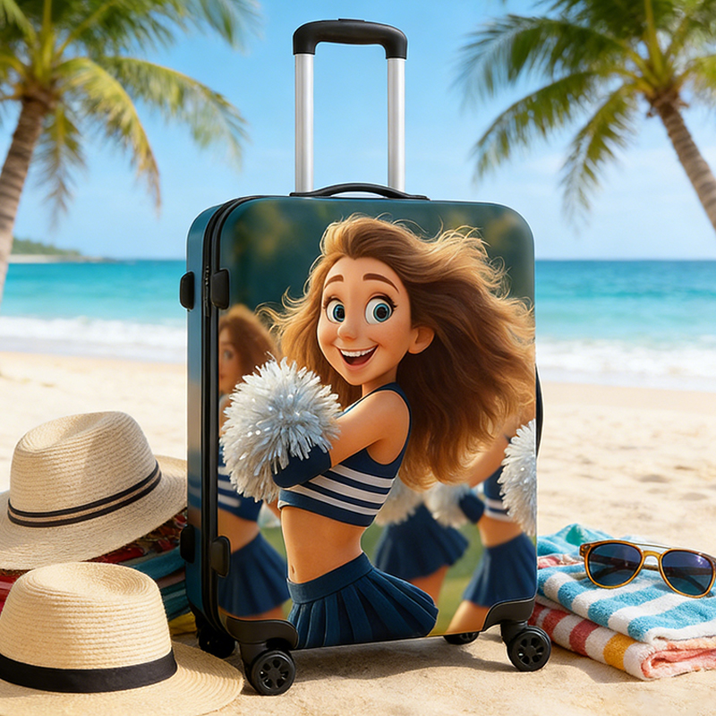 Personalized Pixar Cheerleader Luggage Cover with Custom Character Design for Cheerleader Enthusiasts 
