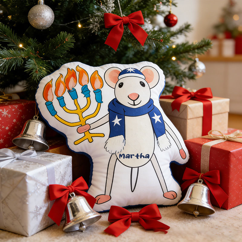 Personalized Hanukkah Mouse Pillow with Custom Name Cute Jewish Holiday Decoration Festive Winter Decor Kids Dreidel Party Favor Happy Hanukkah Gift