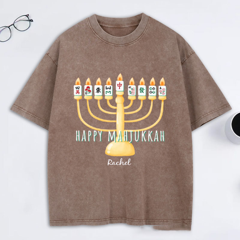 Personalized Hanukkah Mahjong Washed T-Shirt with Name Mahjong Lovers Holiday Shirt Mahj Funny Tee Jewish Holiday Gift Religious Funny Gift