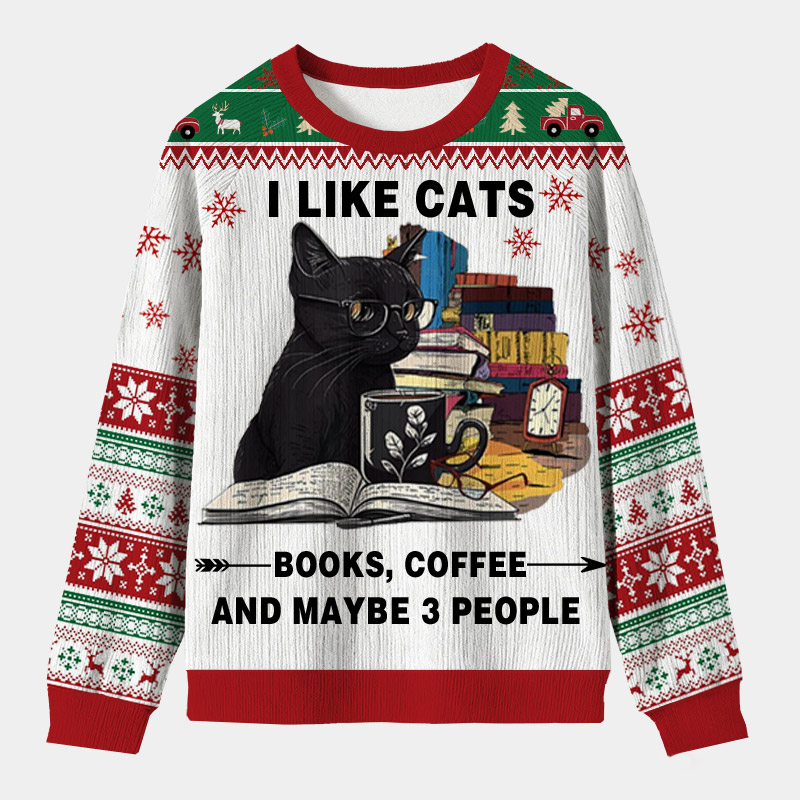 Personalized Reading Cat Relax Vibes Ugly Sweater Festive Gift for Bookworms