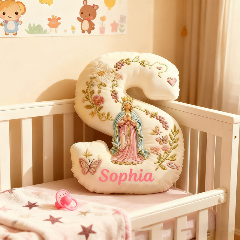 Personalized Virgin Mary Letter Pillow with Custom Name Home Decor Flower Butterfly Vine Graphic 3D Print Pillow Religious Faith Gift Catholic Gift