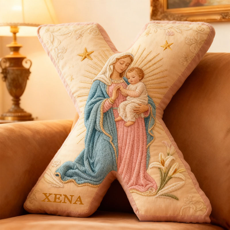 Personalized the Virgin Mary and Baby Jesus Letter Pillow with Custom Name Religious Home Decor Christian Gift Stars and Lily Graphic 3D Print Pillow