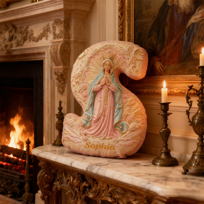 Personalized Golden Grace Virgin Mary Letter Pillow with Custom Name Home Decor Our Lady Pillow Catholic Marian Pillow Christian Gift Graphic 3D Print