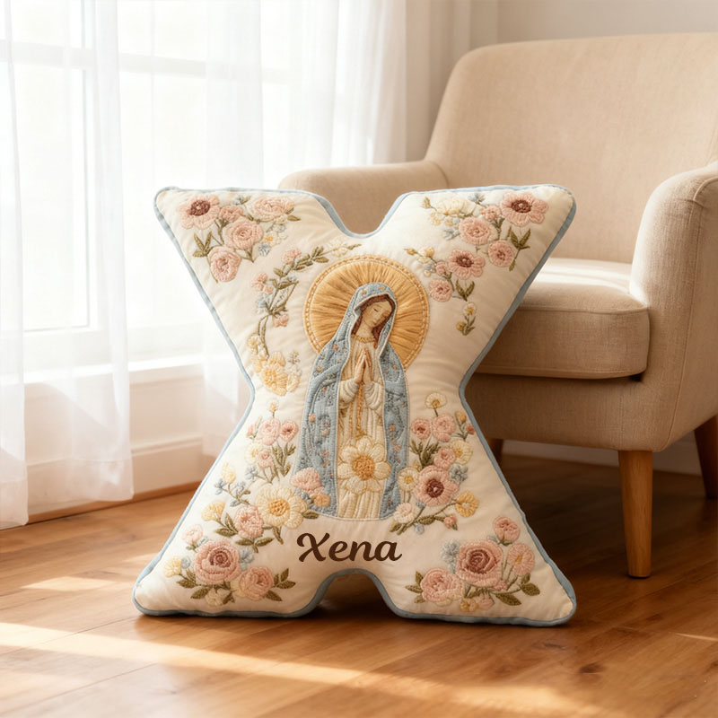 Personalized Virgin Mary Letter Pillow with Custom Name Home Decor Religious Gift for Her Catholic Gift for Women Floral Graphic 3D Print Pillow