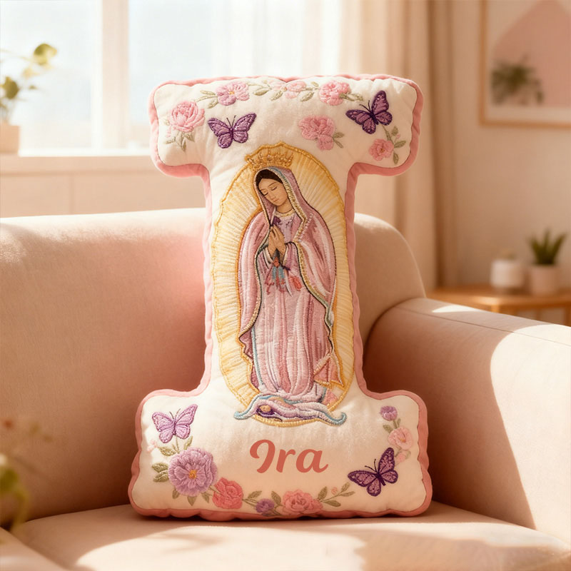 Personalized Virgin Mary Letter Pillow with Custom Name Faith Christian Home Decor Catholic Gift for Her Floral and Butterfly Graphic 3D Print Pillow