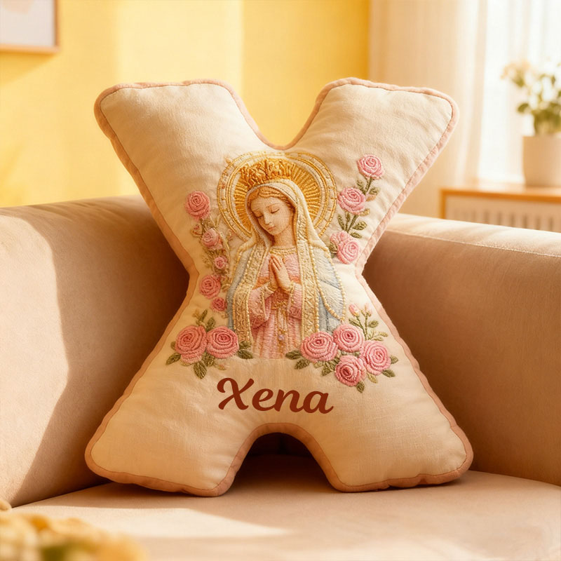 Personalized Our Lady of Guadalupe Letter Pillow with Custom Name Home Decor Catholic Gift for Prayer & Faith Virgin Mary Pink Rose Graphic 3D Print