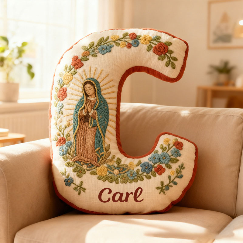 Personalized Virgin Mary Letter Pillow with Custom Name Faith Christian Home Decor Catholic Gift for Her Our Lady of Guadalupe Floral Graphic 3D Print