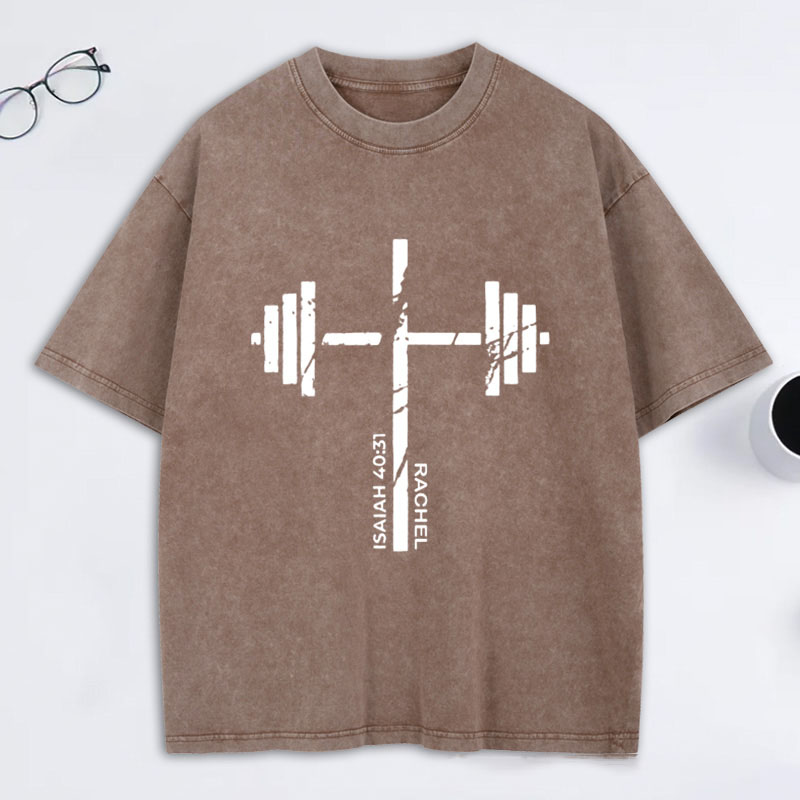 Personalized Christian Gym Cross Washed T-Shirt with Name Lift Heavy Pray Hard Shirt Faith Workout Top Jesus Fitness Apparel Religious Gift for Men