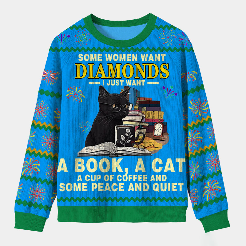 Personalized Bookish Cat Coffee Cozy Scene Ugly Sweater Holiday Gift for Book Lovers