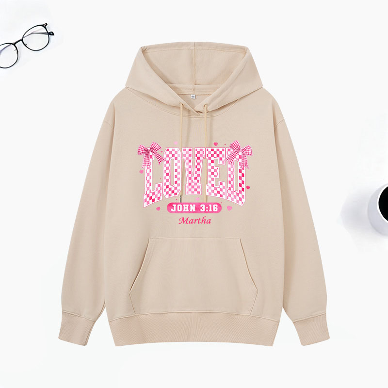 Personalized Checkered Loved John 3:16 Bible Verse Classic Hoodies with Name Retro Hoodies Religious Gift Valentines Day Gift for Couple