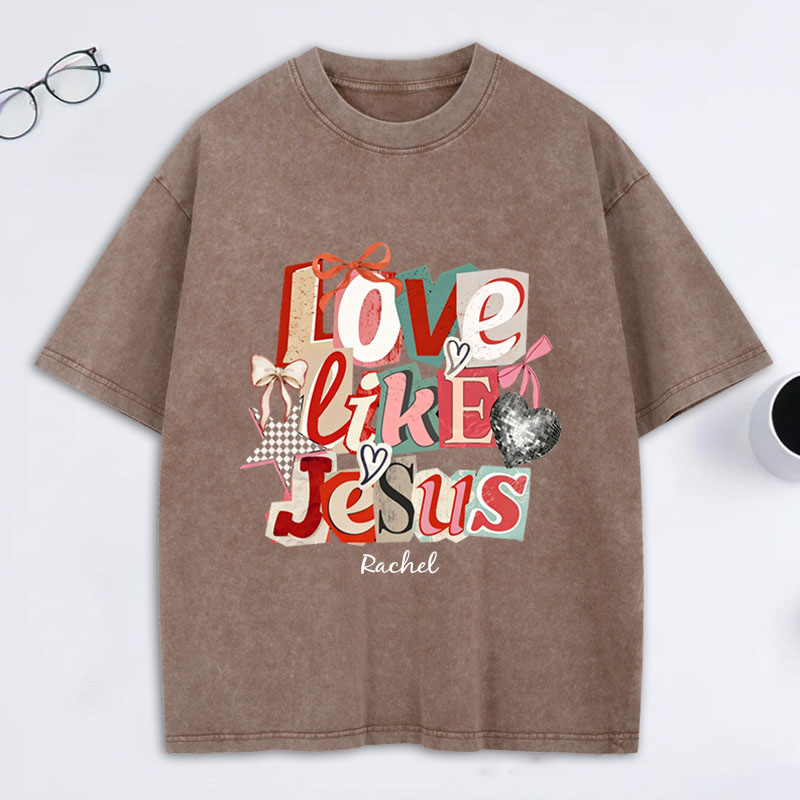 Personalized Love Like Jesus Vintage Washed T-Shirt with Custom Name Preppy Valentine’s Day Checkered Tee Coquette Jesus Shirt Valentine’s Day Gift