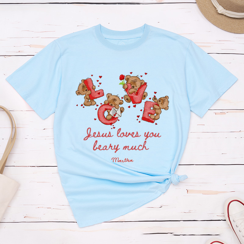 Personalized Jesus Loves you Beary Much Retro Bear Heart Valentine Classic T-Shirt with Name Christian Shirt Religious Gift Valentine's Day Gift for Her