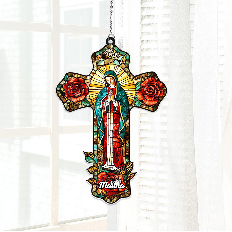 Personalized Lady of Guadalupe Cross Suncatcher with Custom Name Religious Virgin Mary Window Decor Mother of God Catholic Gift for Her