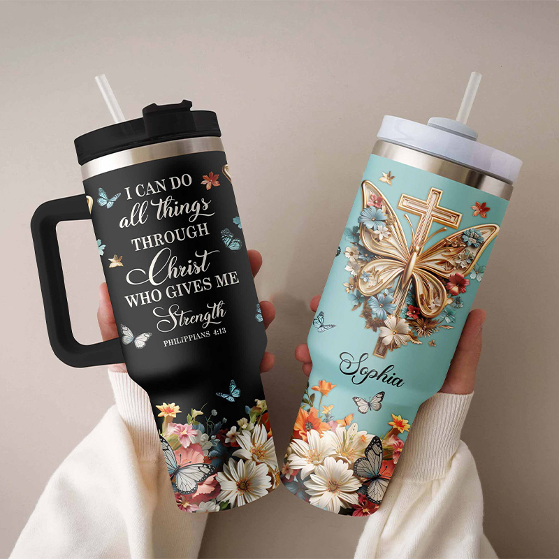 Personalized I Can Do All Things Through Christ 40oz Tumbler with Custom Name Handle and Straw Insulated Large Water Bottle Cup Religious Gift for Her