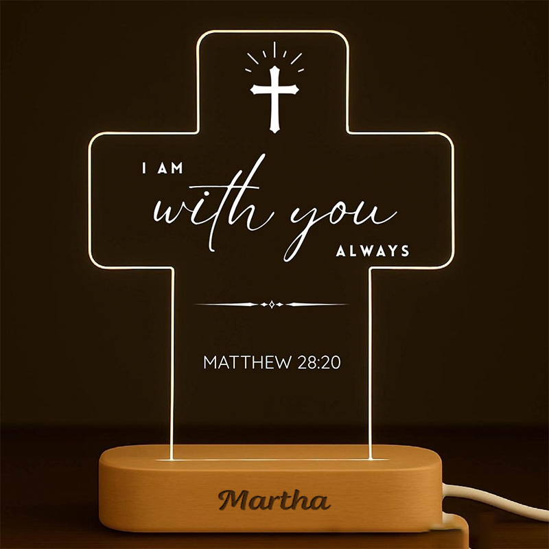 Personalized Custom Name Scripture Cross LED Night Light with Wooden Base Bedroom Decor Bible Verse Lamp Christian Gift Faith Based Gift