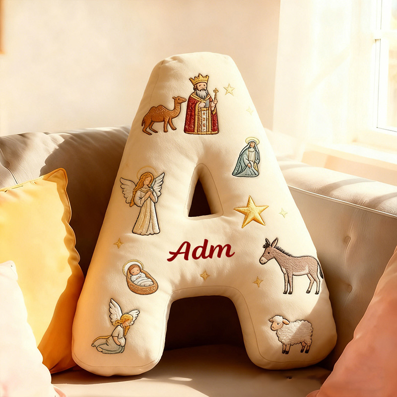 Personalized Christmas Nativity Ccene Letter Pillow with Custom Name Hoom Decor Christian Gift Baby Jesus Angel Shepherd Camel Donkey Graphic 3D Print
