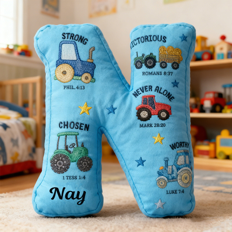 Personalized God Says I am Bible Verse Tractors Letter Pillow with Custom Name Kids Room Decor Religious Gift for Boys Scripture Baptism Gift 3D Print