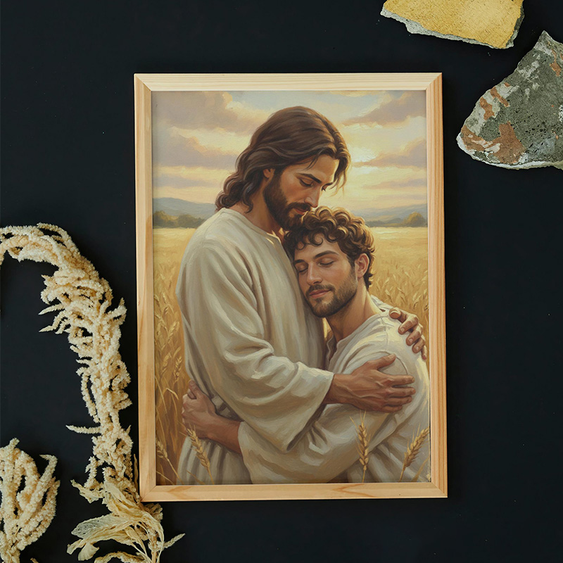 Personalized Jesus Embrace Poster with Custom Photo Wall Decor Christmas Christian Artwork Religious Painting Gift Faith Art Print