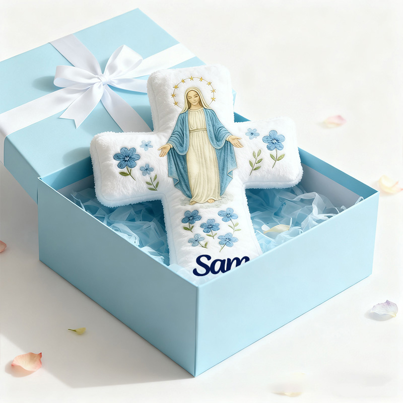Personalized Catholic Virgin Mary Cross Pillow with Custom Name Home Decor Our Lady Pillow Blue Floral Catholic Marian Pillow Christian Gift for Women