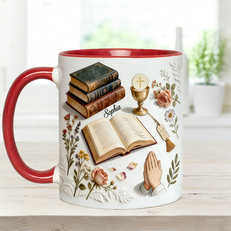 Personalized Just A Girl Who Loves Christ 11oz Ceramic Mug with Name Bible Prayer Hand Chalice Floral Coffee Cup Religious Christian Gift for Women