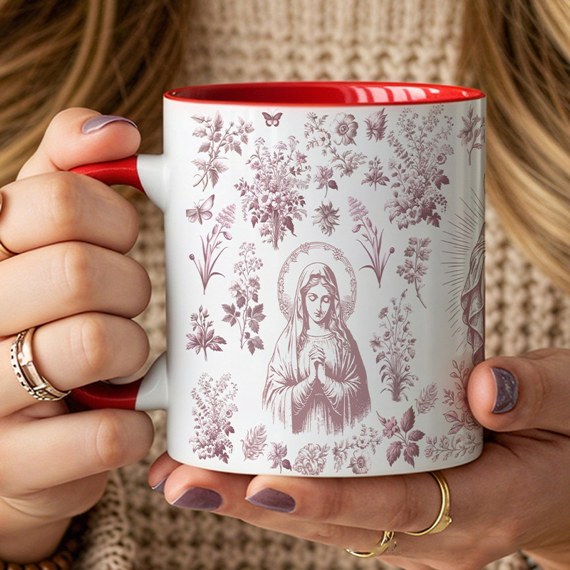 Personalized Catholic Virgin Mary Pink French Toile 11oz Ceramic Mug with Name Our Lady Coffee Cup Floral Catholic Marian Mug Christian Gift for Women