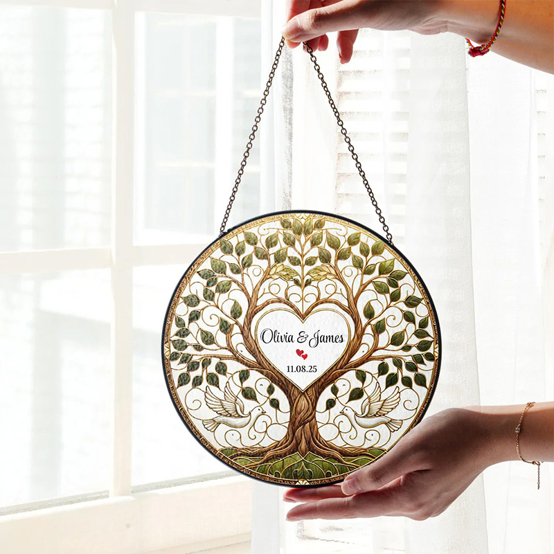 Personalized Tree of Life Wedding Stained Glass Suncatcher Ornament with Custom Name and Date Heart Dove Window Hanging Decor Religious Wedding Gift