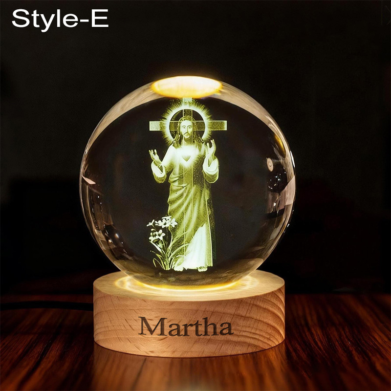 Personalized Cross 3D Engraved Crystal Ball Night Light With Custom Text in Wooden Base Home Decor Jesus Night Lamp Religious Gift Christmas Gift
