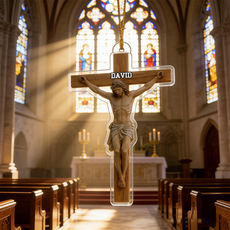 Personalized Jesus on the Cross Acrylic Ornament with Custom Name Christian Holiday Gift Decor Juses Keepsake Faith Based Gift Religious Gift