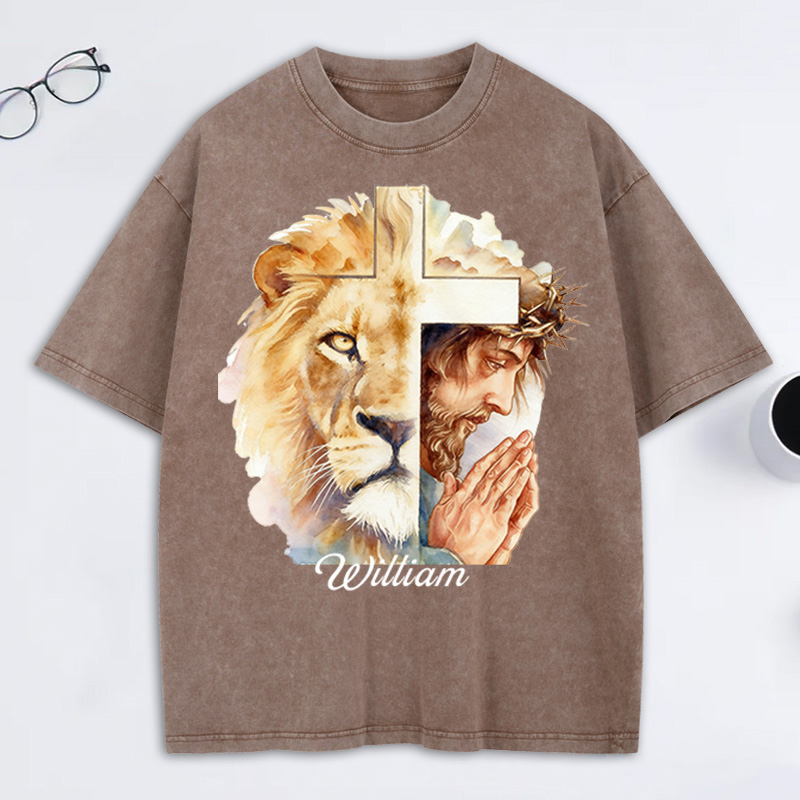 Personalized Man of God Lion of Judah Washed T-Shirt with Custom Name Jesus Tee Religious Gift Christian Gift for Men