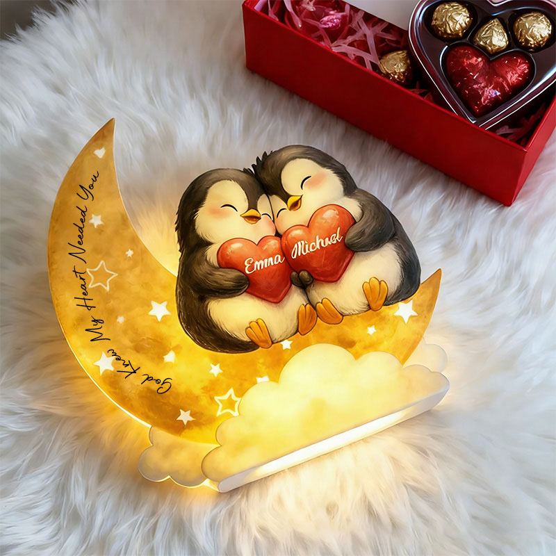 Personalized God Knew My Heart Needed You Penguin Couple Heart Star Moon Acrylic LED Night Light with Name and Text Valentine's Day Gift for Couple