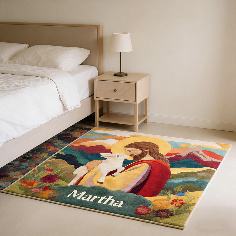 Personalize Jesus and Lamb Rug with Custom Name Religious Rug for Women Faith Based Gift Christian Gift for Her
