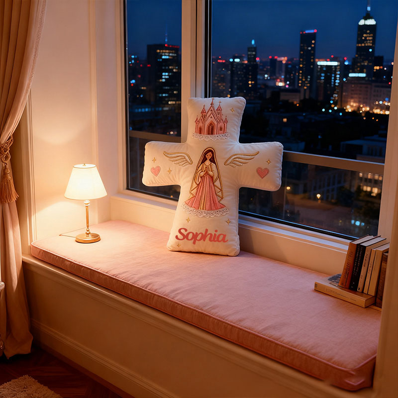 Personalized Virgin Mary Cross Pillow with Custom Name Kid Room Decor Church Cross Angel Wing Religious Faith Gift for Her Graphic 3D Print Pillow