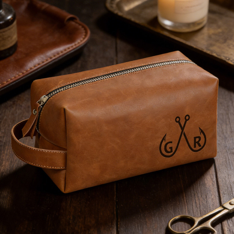 Personalized Leather Dopp Kit Engraved Fishing Toiletry Bag Hunter Gift for Dad Husband Father
